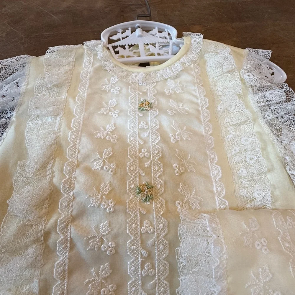 Vintage Sears Fashions for Tiny Tots Pale Yellow Baby Dress with White Lace Trim